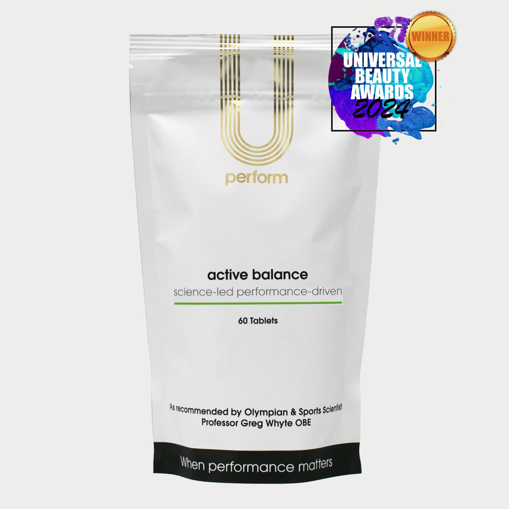 full spectrum multi vitamins and minerals supplement product - U Perform Active Balance white pouch product packaging image
