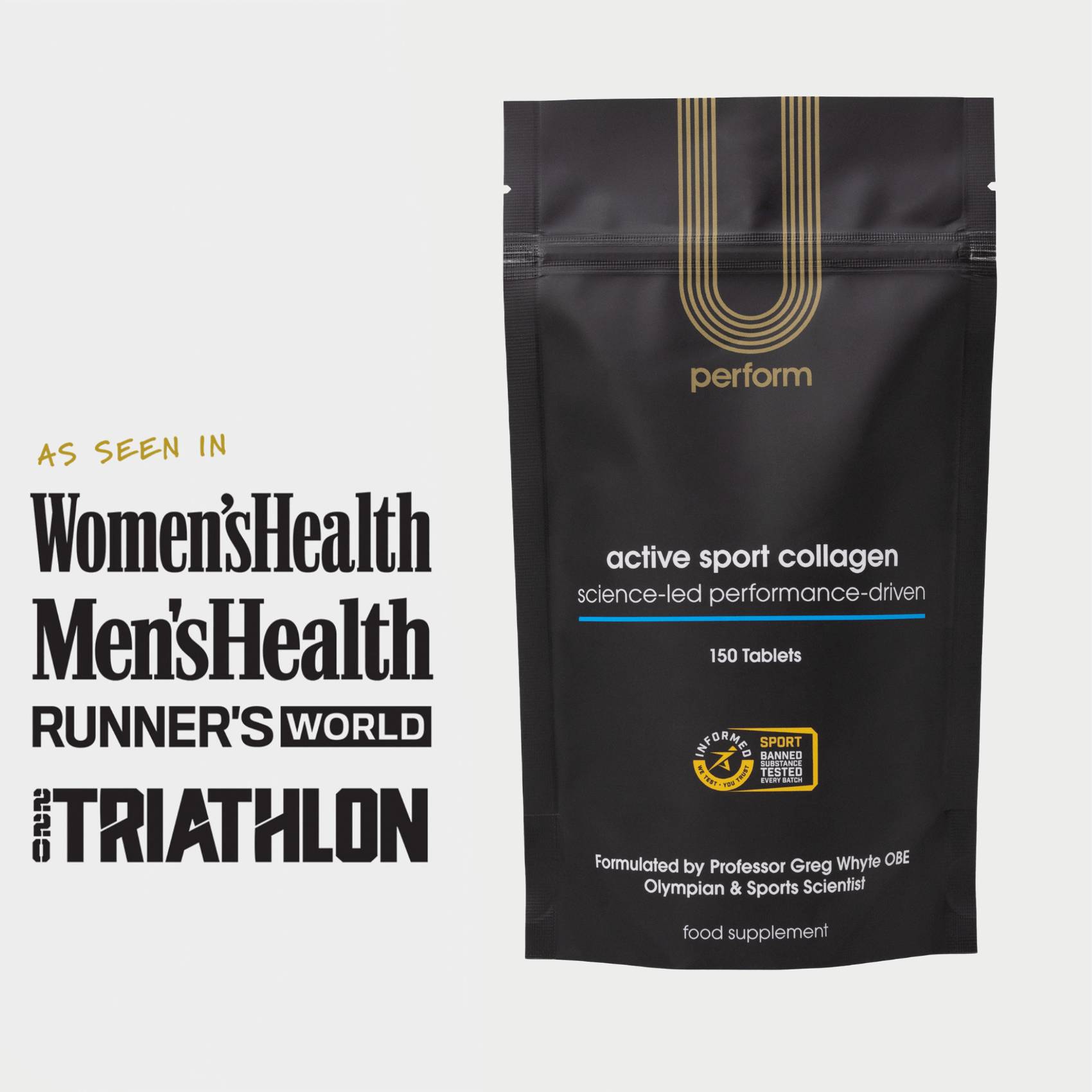 U Perform Active Sport Collagen Supplement Tablets product packaging black pouch standing As Seen In Women's Health Men's Health Runner's World 220 Triathlon graphics showing next to product