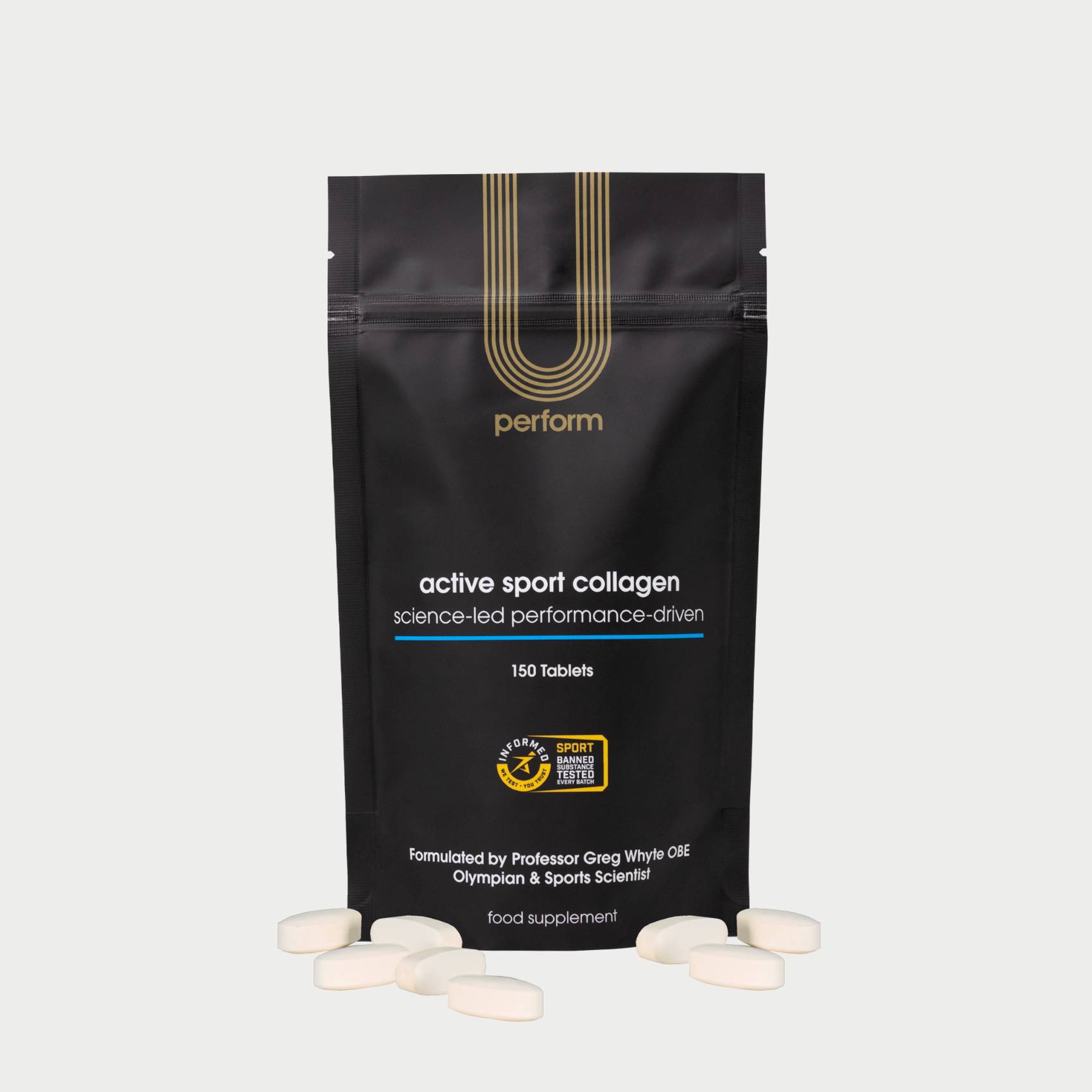 U Perform Active Sport Collagen Supplement Tablets product packaging black pouch standing with pile of collagen tablets in a pile next to packaging