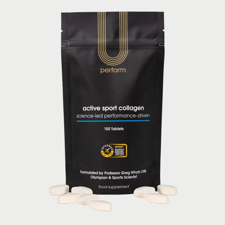 U Perform Active Sport Collagen Supplement Tablets product packaging black pouch standing with pile of collagen tablets in a pile in front of the packaging