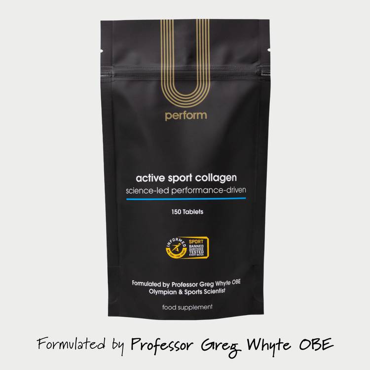 U Perform Active Sport Collagen Supplement Tablets product packaging formulated by Professor Greg Whyte OBE