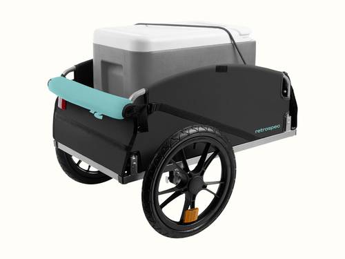 A sleek, black bicycle cargo trailer with two wheels, featuring a gray cooler secured inside and a turquoise handlebar wrap.