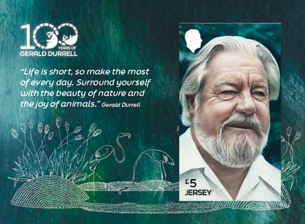 Gerald Durrell miniature sheet portrait by Jason Butler