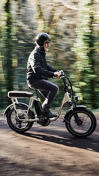 Man riding a RadRunner Plus electric utility bike on a trail