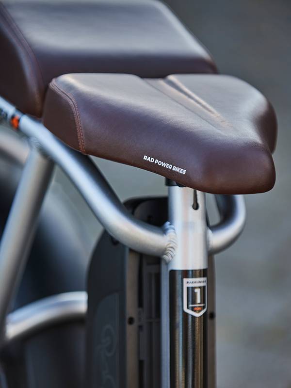 Close up of a RadRunner Plus saddle and passenger seat