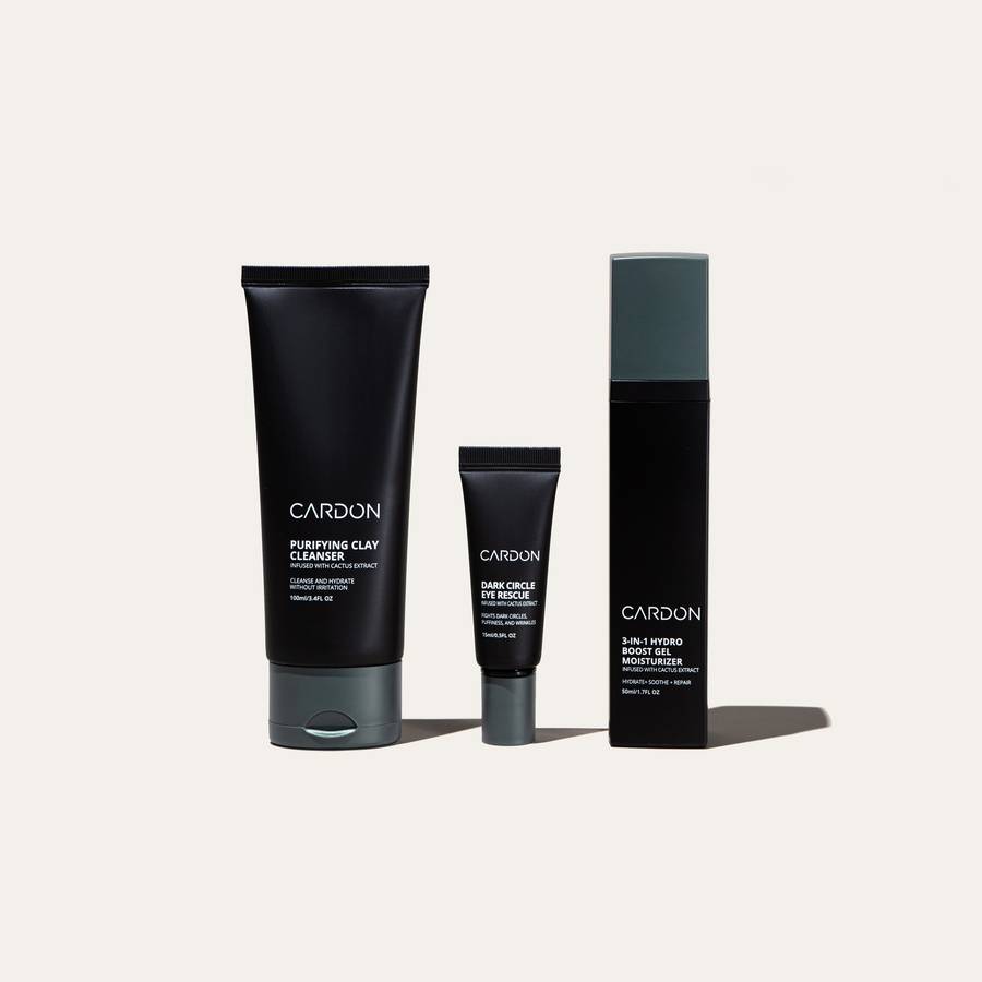 Cardon Skincare's Dark Circle Men's Skincare Routine Set featuring Purifying Clay Cleanser, Dark Circle Eye Rescue, and Hydro Boost Facial Moisturizer for Men