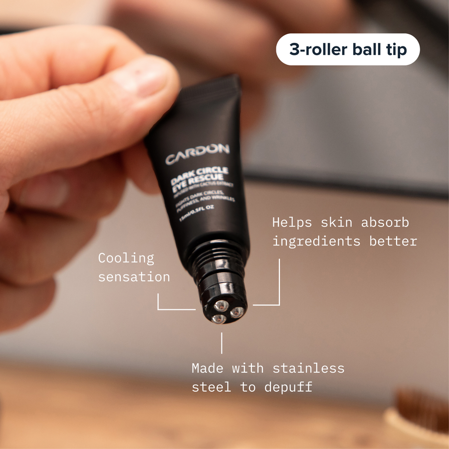 Cardon Skincare Dark Circle Eye Rescue's special steel rollerball applicator helps depuff and reduce the appearance of dark circles