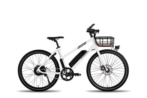 Side view of a White Radmission Ebike with the Decked Out package