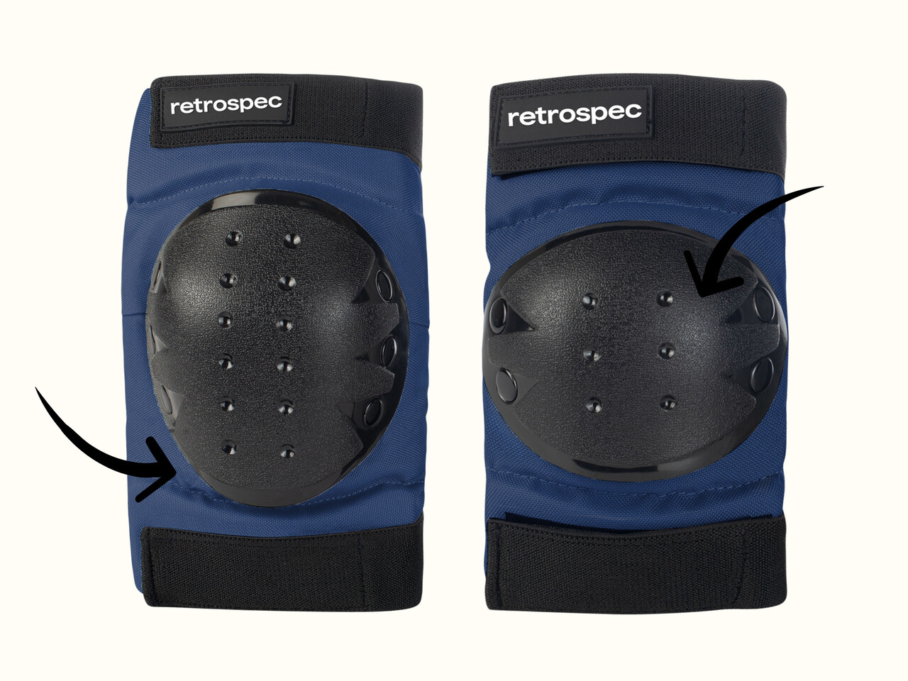 A pair of blue knee pads with black protective caps, featuring the brand name 