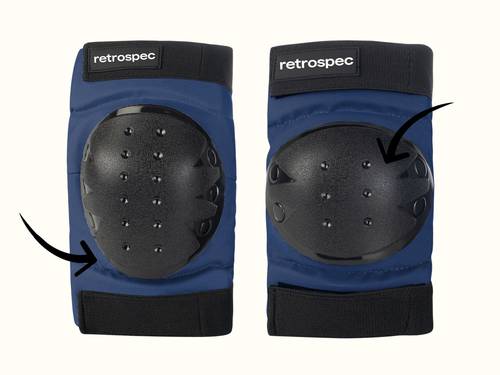 A pair of blue knee pads with black protective caps, featuring the brand name "retrospec" on the top strap.