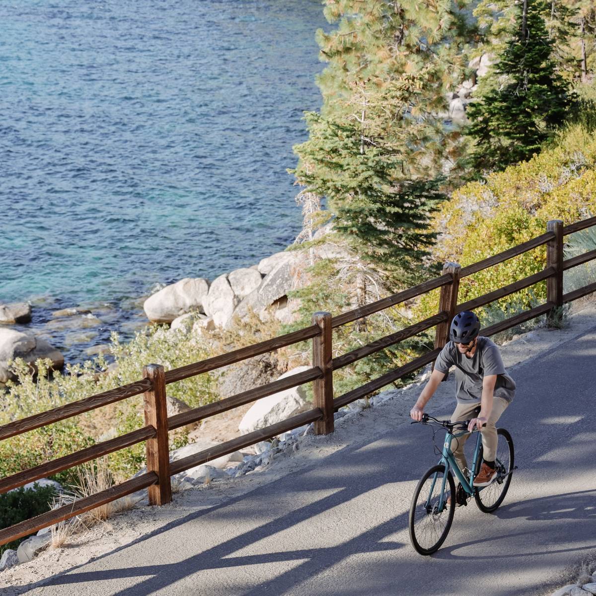 A person rides a bicycle along a scenic pathway near a lake, surrounded by lush trees and rocky shores under bright sunlight.