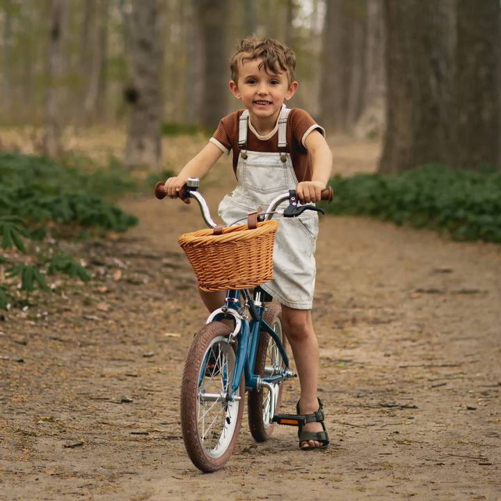 A young child in overalls rides a blue Beaumont Mini 16" Kids' Bike with a woven basket down a tree-lined path in a forested area.