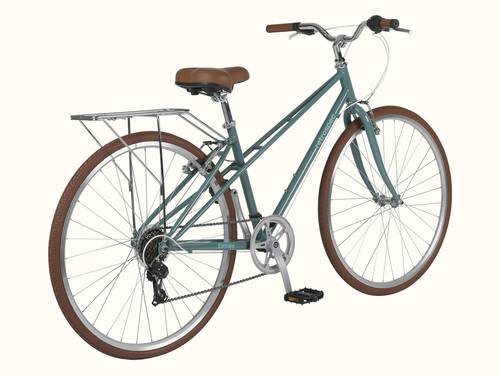 A vintage-style Kinney Mixte City Bike - 7 Speed in teal with brown accents, featuring a classic frame, padded seat, and a rear rack for carrying items.
