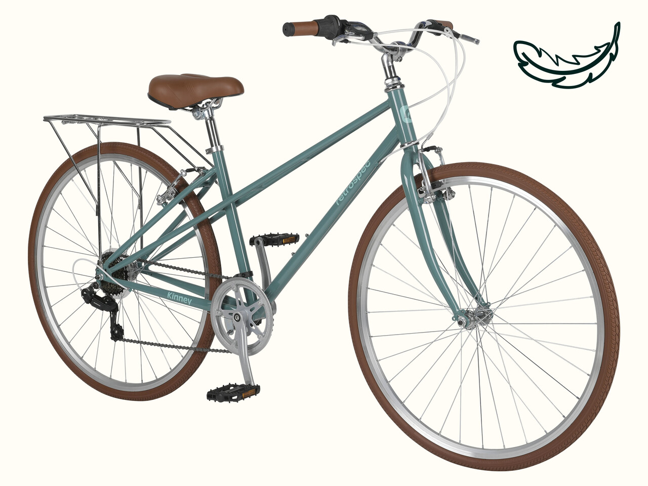 A vintage-style Kinney Mixte City Bike - 7 Speed in teal with brown accents, featuring a classic frame, padded seat, and a rear rack for carrying items on a white background with a drawn illustration of a feather in the top right corner.