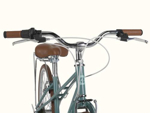 Close-up of the teal Kinney Mixte City Bike - 7 Speed's handlebars with brown hand grips and silver hand brakes.