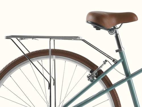 A close-up of the teal Kinney Mixte City Bike - 7 Speed's rear rack and brown saddle.