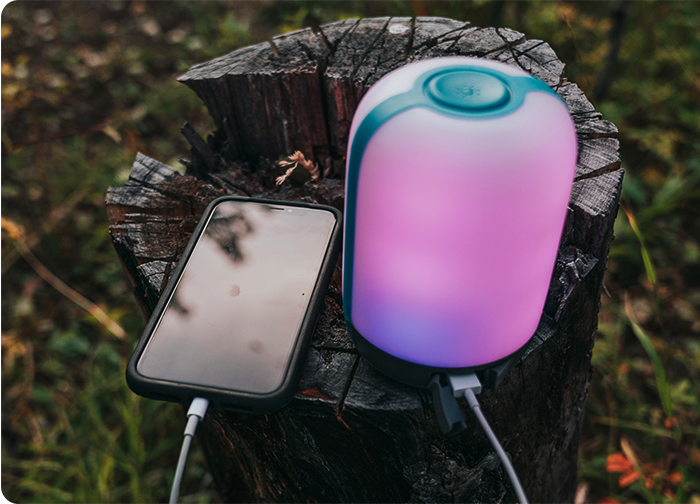 A smartphone and a colorful, glowing lamp are placed on a wooden stump in a natural setting.