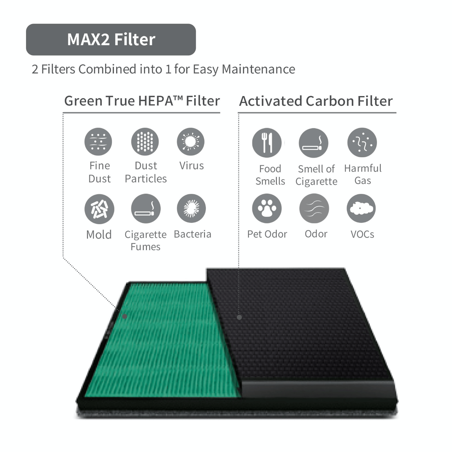 Coway Airmega 300 Max2 Filter Set showcasing HEPA filter and activated carbon filter properties