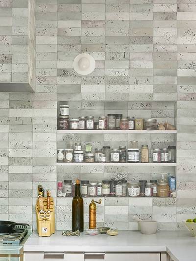 clé tile terracotta eastern elements robins egg tile installed on a kitchen backsplash and on shelves