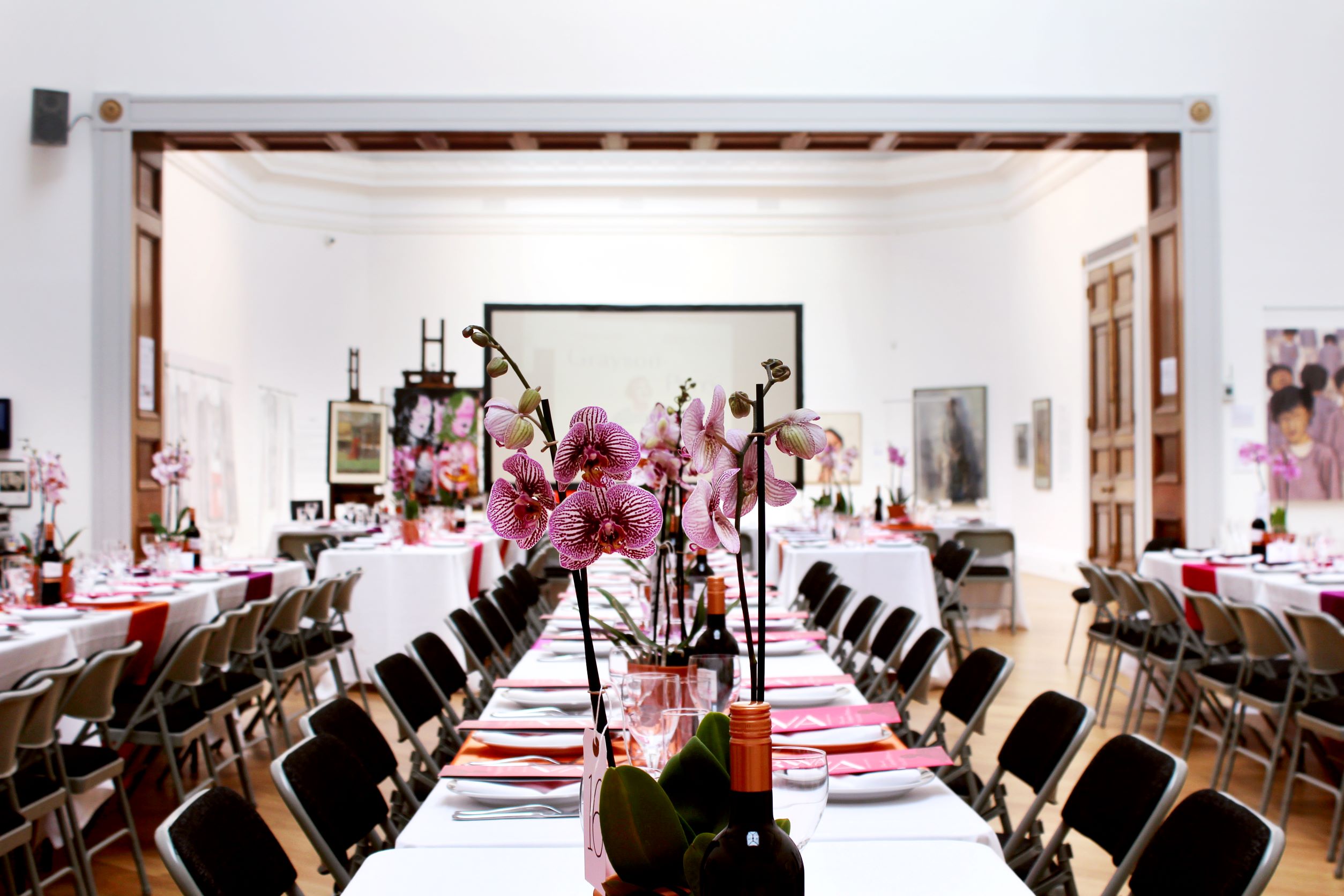 Tables and chairs in the RWA gallery space at a recent event 