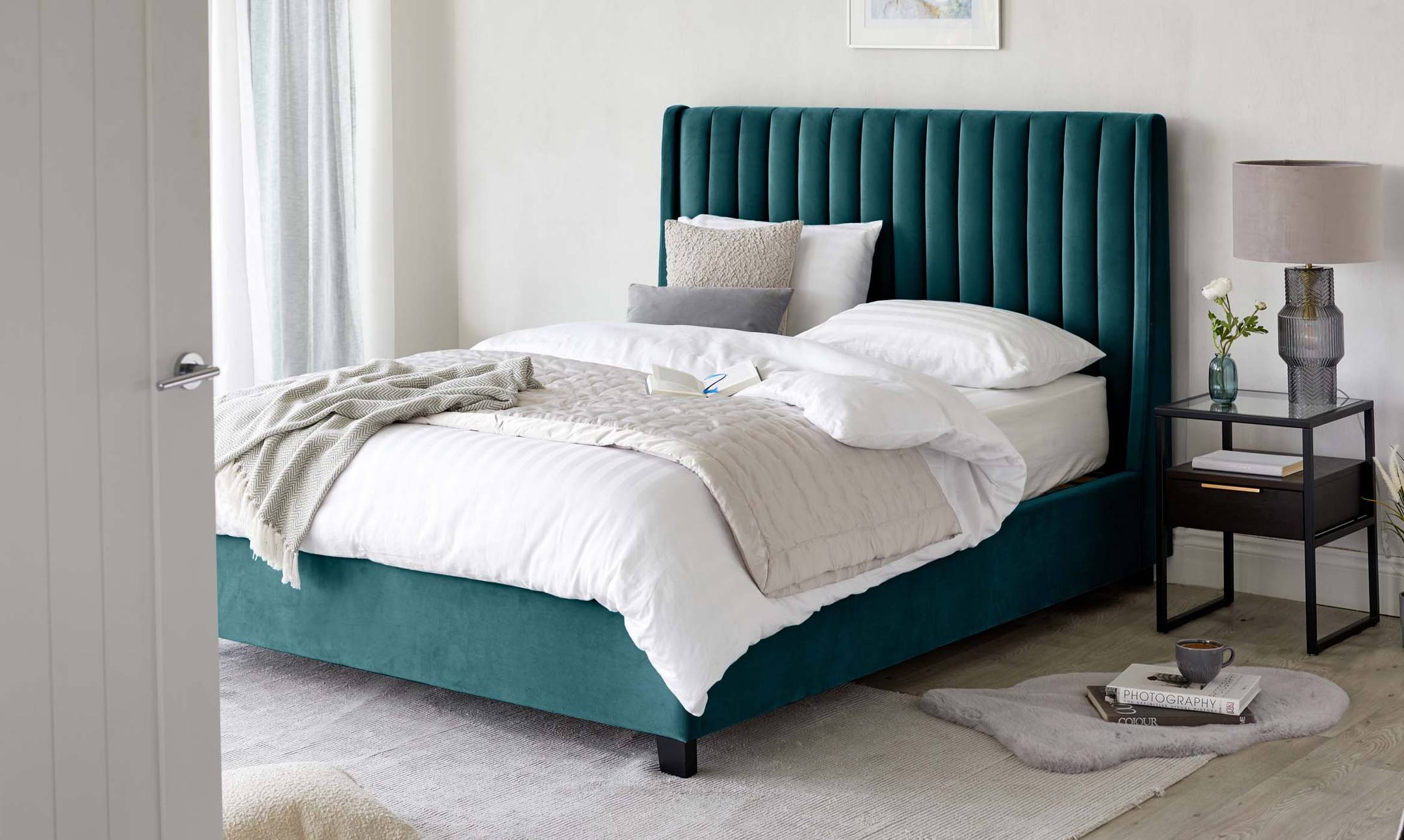 Amalfi Dark Teal Velvet King Size Bed with Storage By