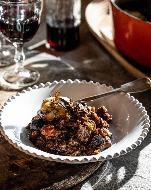 Beef Stew & Tarragon Dumplings with Pickled Walnuts & Shallots