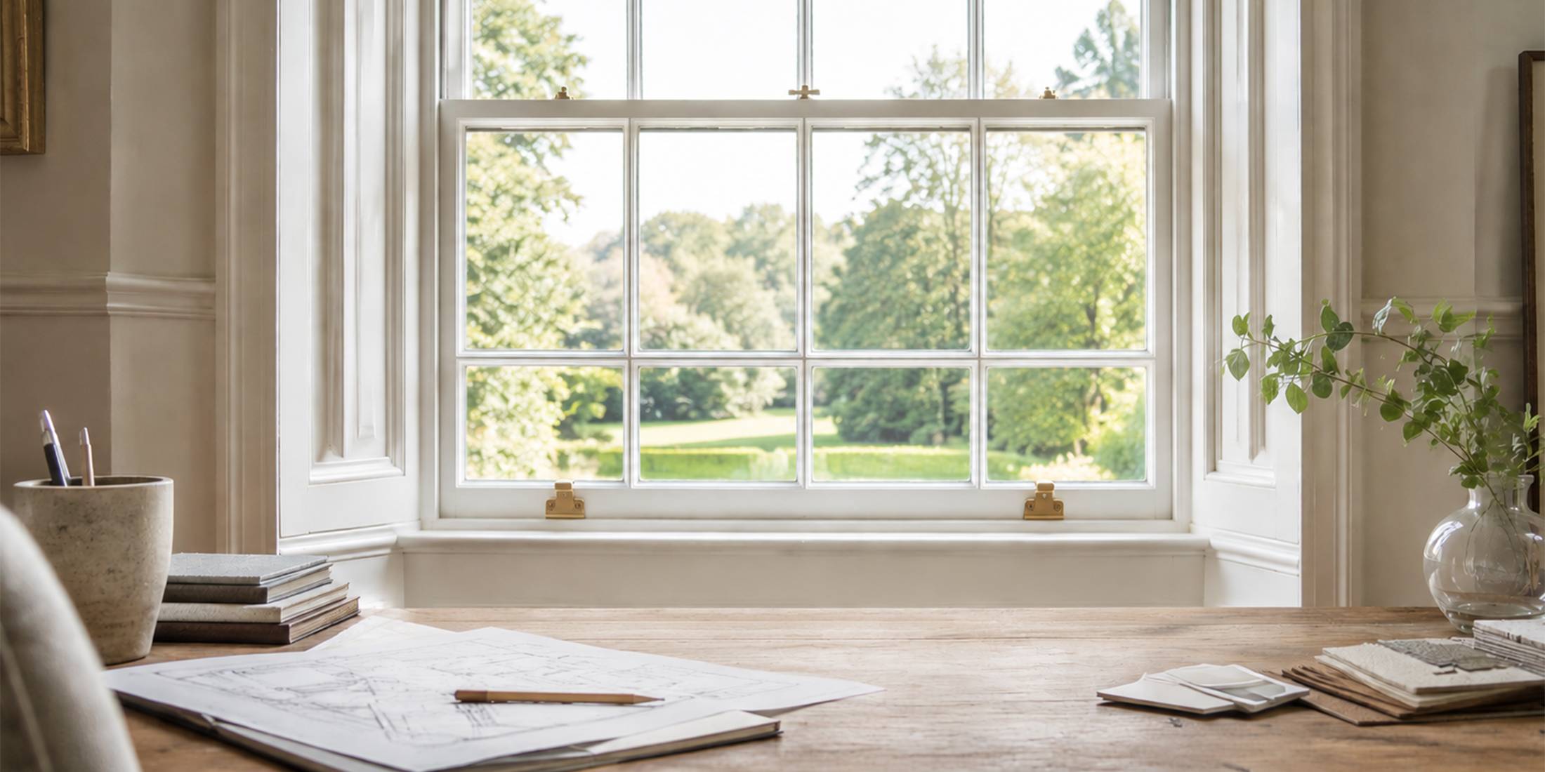 White sash window with brass lift pulls