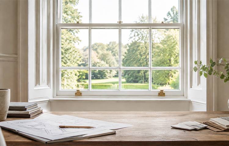 White sash window with brass lift pulls