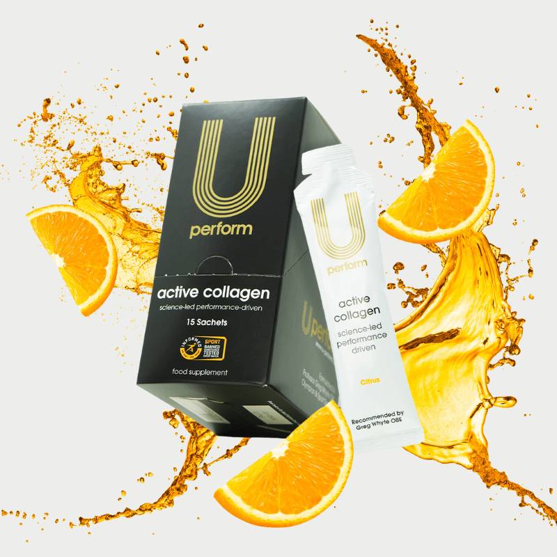 U Perform Active Collagen gel and container shown surrounded by sliced oranges and splashes of bright orange juice that represent the zingy orange citrus flavour of the collagen gel product.