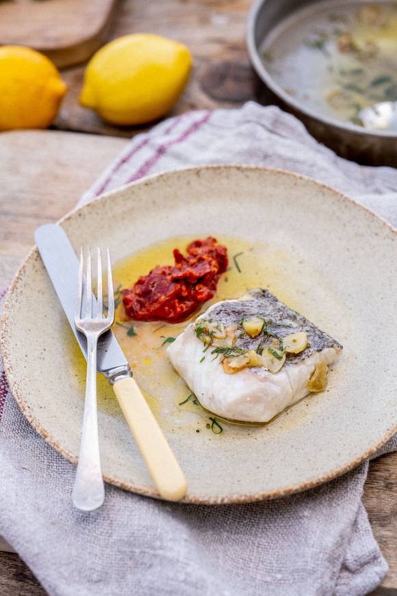 Hake Cooked Basque Style with Garlic & Sauce Romesco, by Mitch Tonks ...