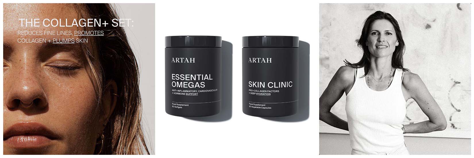 Artah's Collagen Set Bottles and Rhian Stephenson