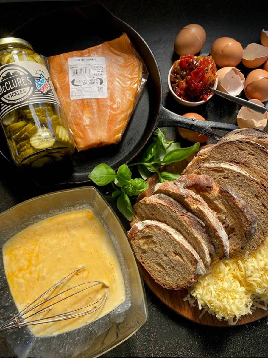 Salmon french toasted sandwiches - ingredients laid out