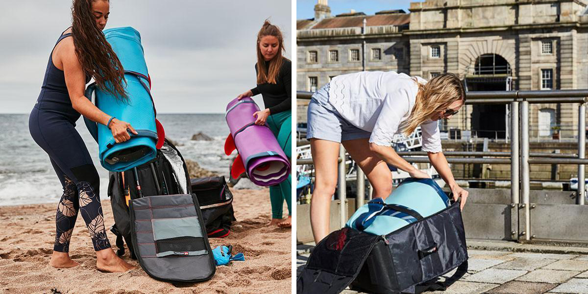 Left: Women Putting Deflated Paddle Boards into a Red Paddle Co All Terrain Backpack
Right: Woman Putting Deflated Paddle Board into a Red Paddle Co Compact SUP Backpack