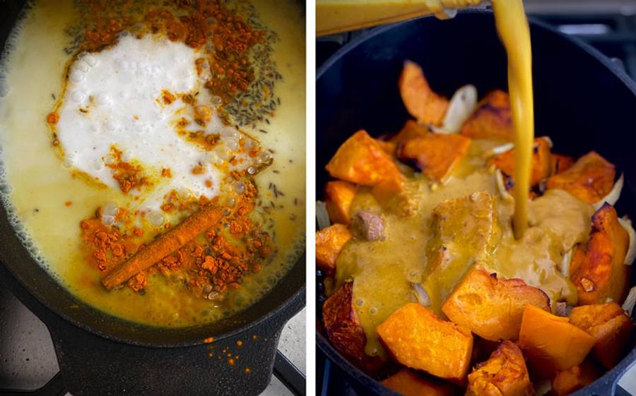 Pumpkin soup cooking steps - simmering and pouring ingredients