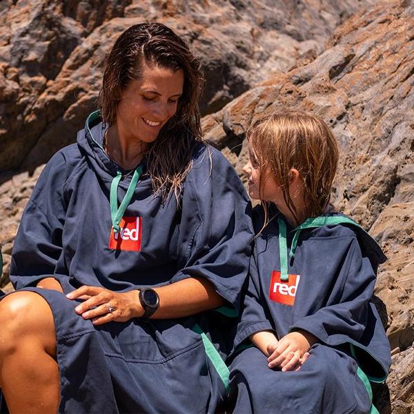 Mother & Daughter wearing Navy Microfibre changing robes