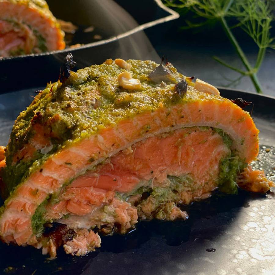 Salmon roulade with makrut lime salsa served