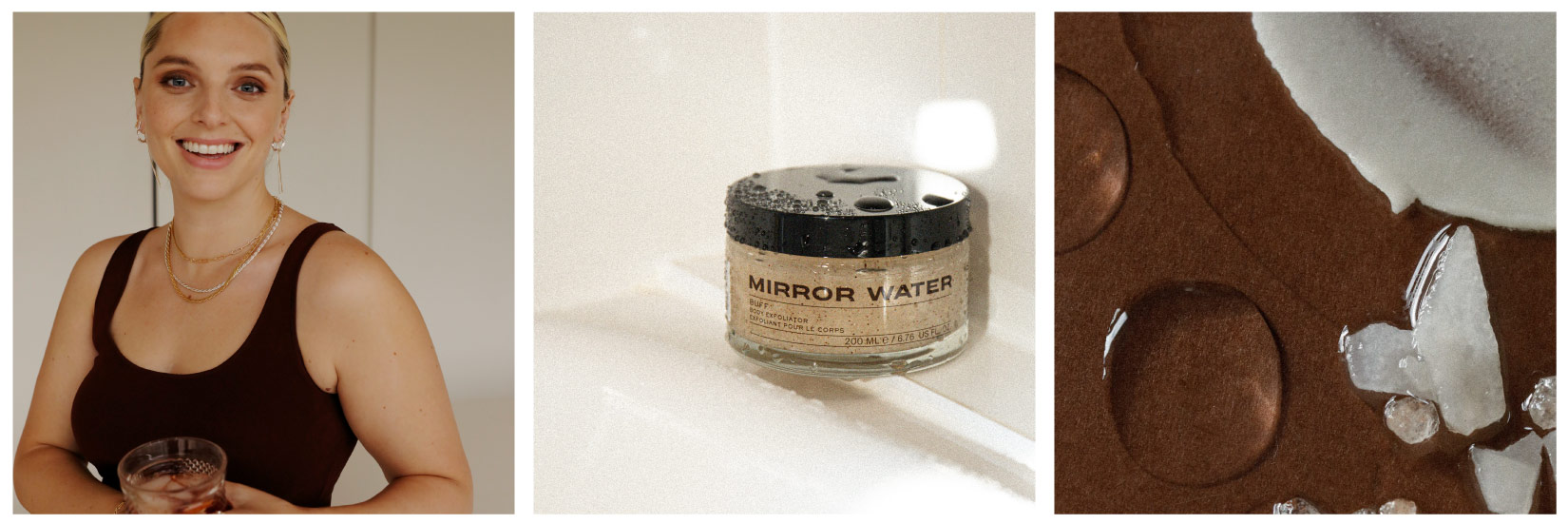 Series Of 3 Images of Estée Lalonde and Mirror Water Products