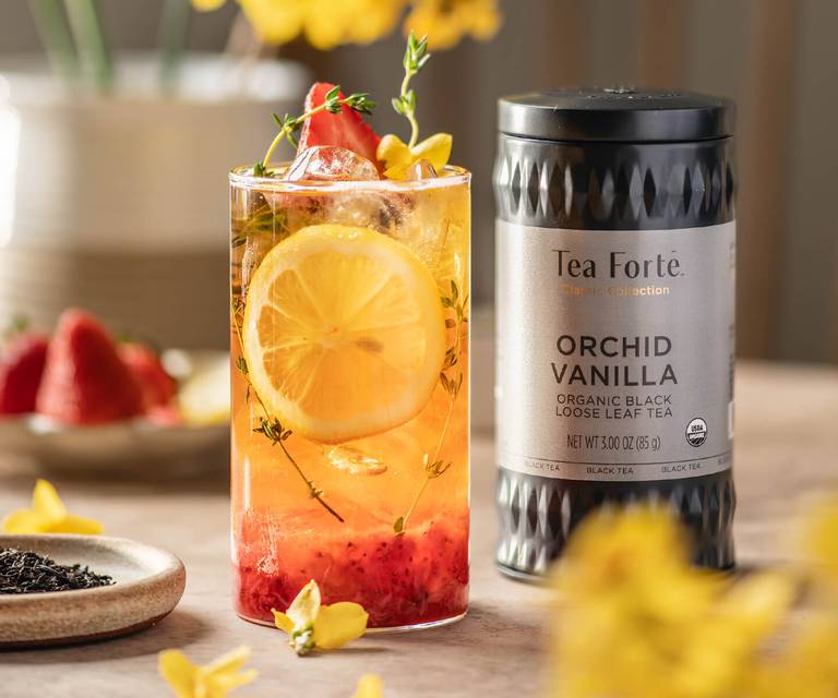 Strawberry Vanilla Iced Tea with loose tea canister