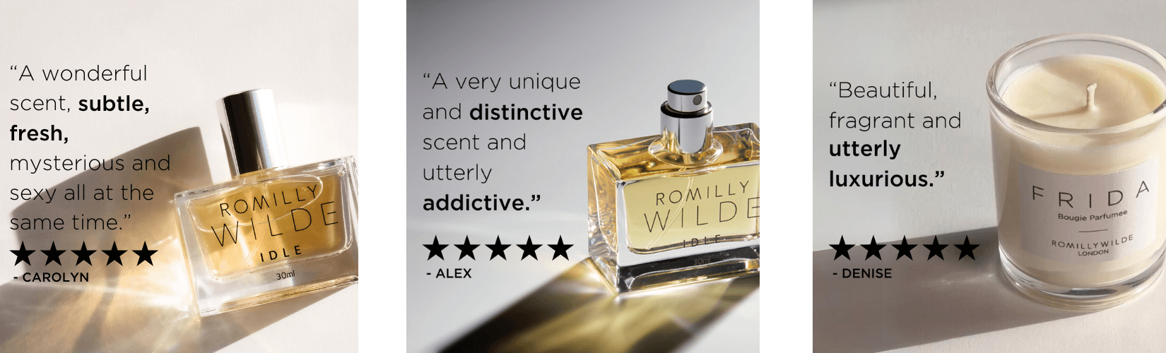 Three images - from left to right, two images of a perfume bottle with a 5 star review quote and one image of a candle with a 5 star review with a quote. 