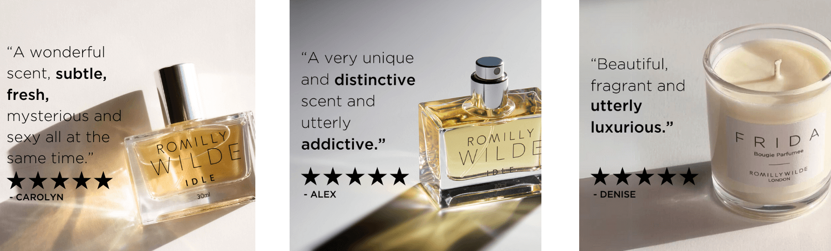 Three images - from left to right, two images of a perfume bottle with a 5 star review quote and one image of a candle with a 5 star review with a quote.