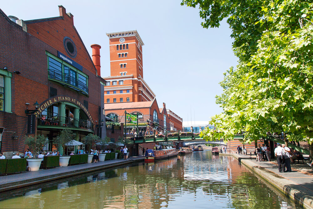 Restored canal system in Birmingham where the Worcester and Birmingham canals meet