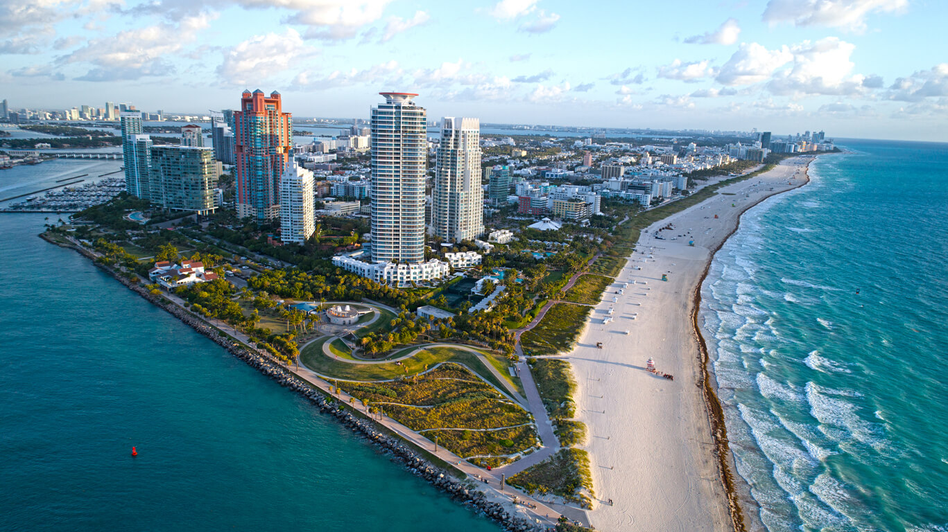 Aerial view of the beach and skyline at South Beach, Miami,