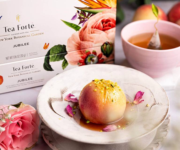 Vanilla Rose Poached Peach with Jubilee tea in background