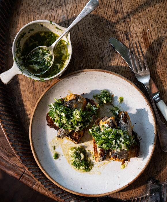 Grilled Sardines with Chimichurri Sauce, by Mitch Tonks  Pipers Farm Recipe  Tinned Seafood Sustainable Seafood Rockfish Recipe