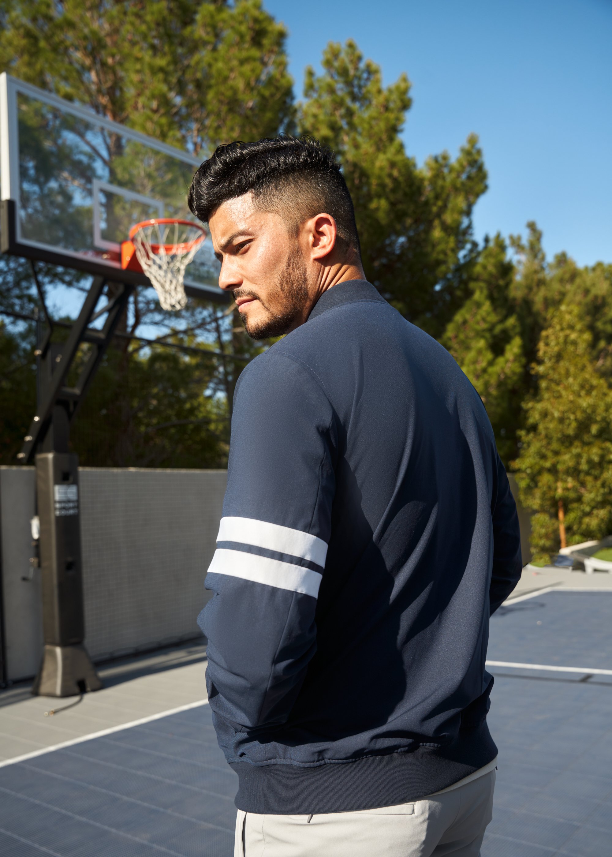 https://senestudio.com/products/pineda-mens-flextech-bomber?variant=42201889308869;FlexTech Bomber in Enso Nautical Blue