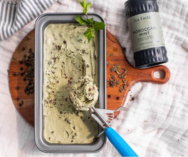 Moroccan Mint "Nice Cream" from above with ice cream scoop and loose tea canister