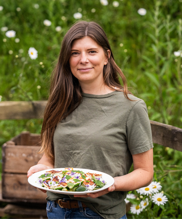 Smashed Cucumber, Halloumi & Tahini Dressed Salad, by Abby Allen  Pipers Farm Recipes  Seasonal Sustainable Eating Inspiration  Veggie Vegetarian