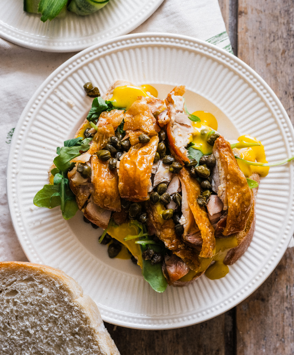 Chicken Thigh, Chicken Fat Mayo & Fried Caper Sandwich with Pickled Cucumber, by Louise Lyons MacLeod  Pipers Farm Recipe