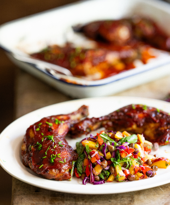 Sticky BBQ Chicken with Peach & Carlin Pea Salad, by Verity Walcott  Pipers Farm Recipe