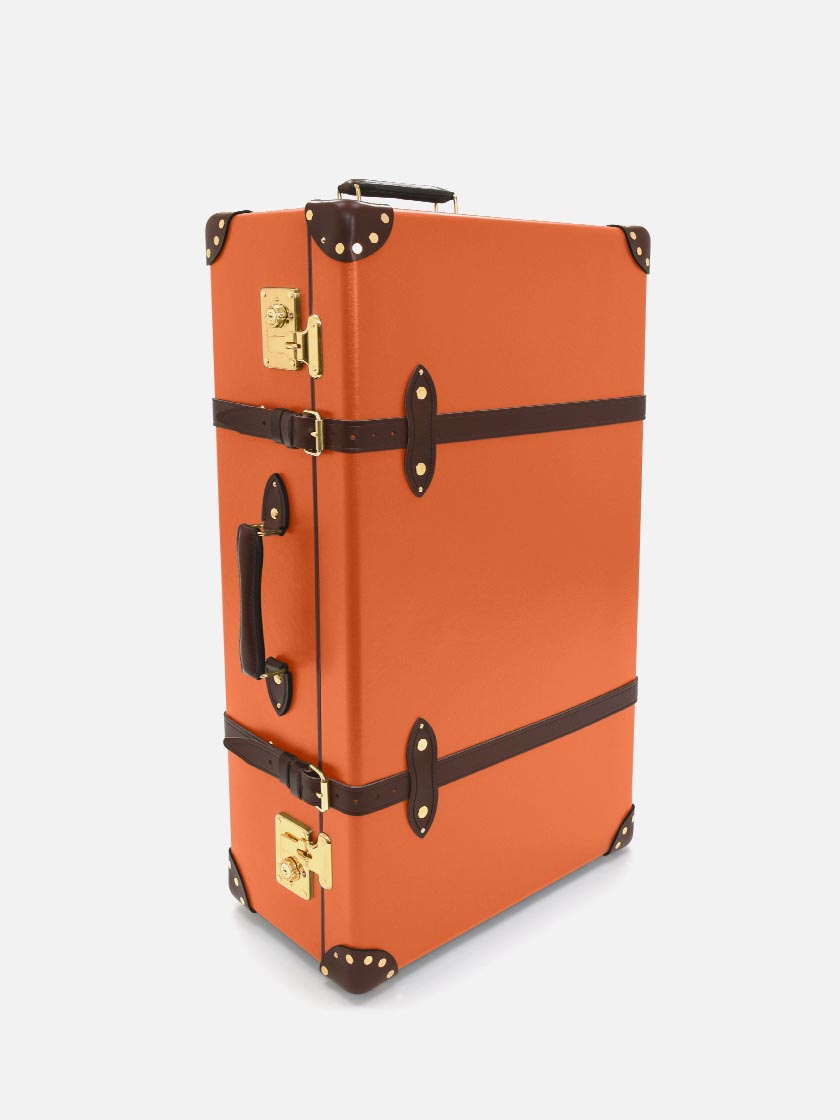 Globe-Trotter Centenary XL Suitcase in Marmalade (Orange) and Brown.